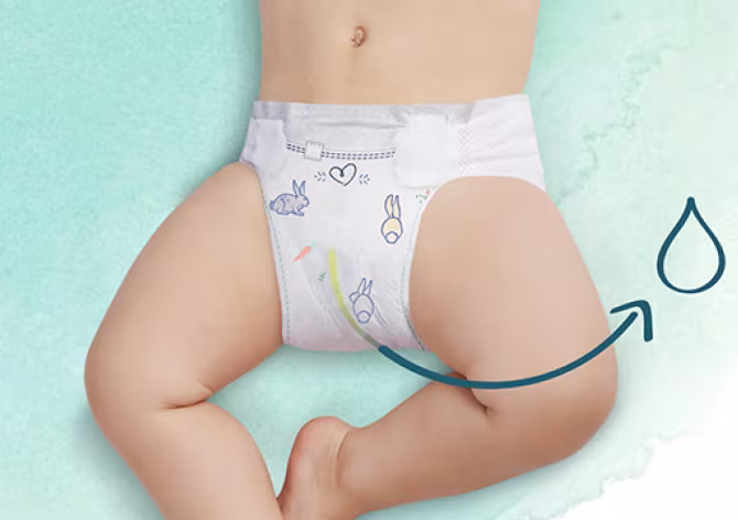 Ein blauer Pfeil zeigt auf den Urin-Indikator der Harmonie Windel