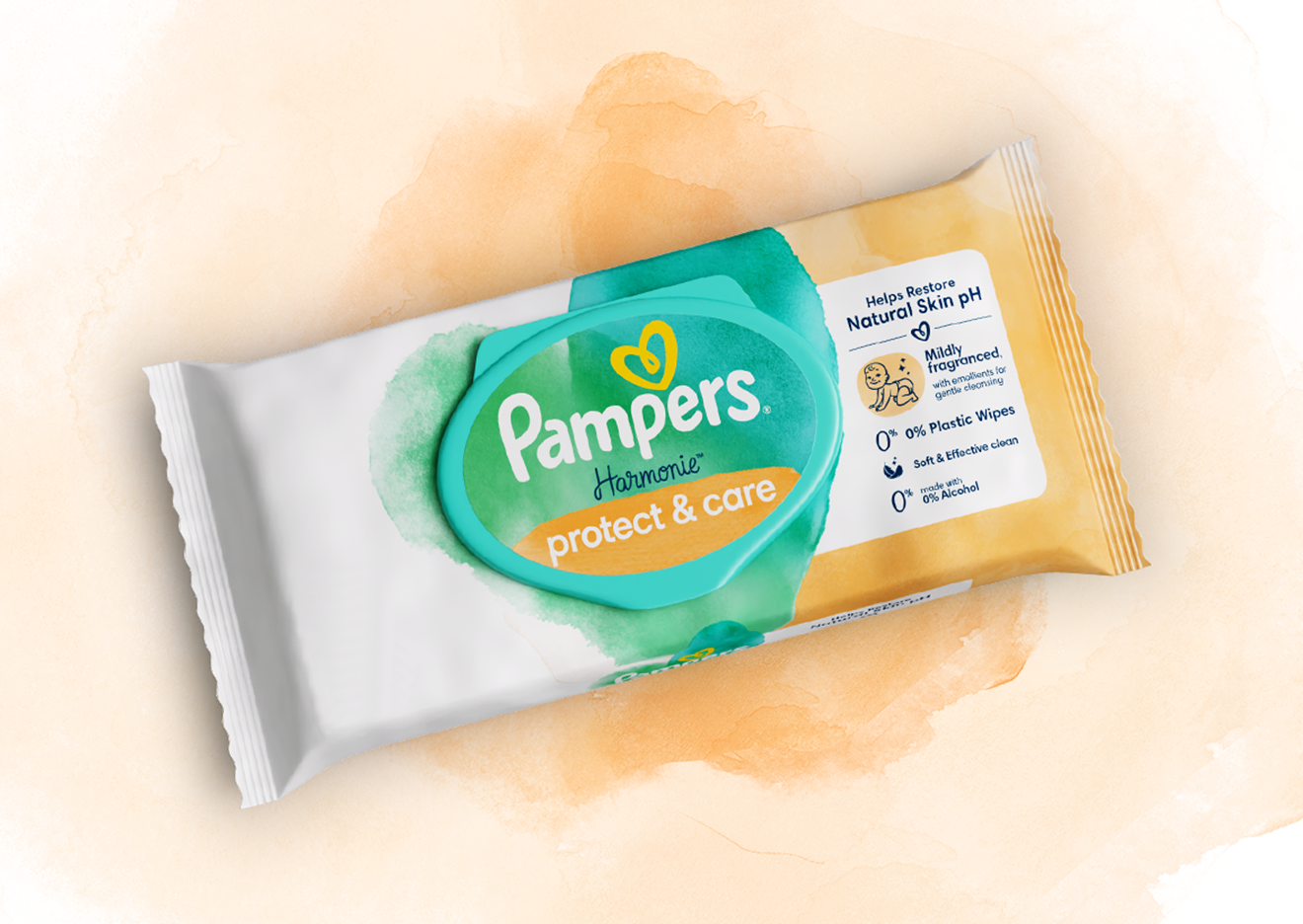 Imagine cu fundal orange și verde deschis, iar în mijloc se află pachetul de șervețele umede Harmonie Protect&Care.