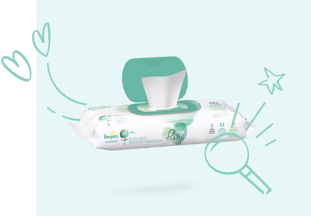 Vue complète de nos couches Pampers Pure Protection et de ses différents composants : noyau absorbant, élastiques flexibles , système de fermeture à la ceinture et bande indicateur d’humidité. Nos couches sont magnifiquement illustrées avec des motifs dessinés à la main.