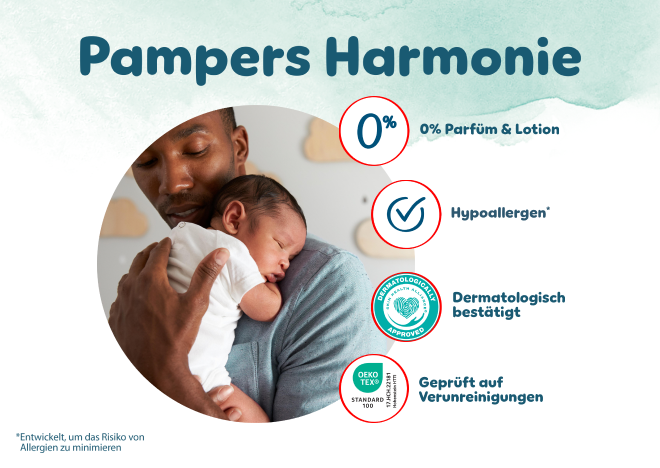Bewährte Pampers Qualität: Dermatologisch bestätigt, 0% EU-Parfümallergene gemäß EU-Kosmetikverordnung (EG) 1223/2009, Geprüft auf Schadstoffe