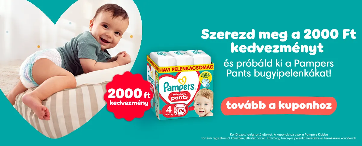 Szerezd meg a 2000 Ft kedvezményt és próbáld ki a Pampers Pants bugyipelenkákat! Szerezd meg a 2000 Ft kedvezményt és próbáld ki a Pampers Pants bugyipelenkákat!