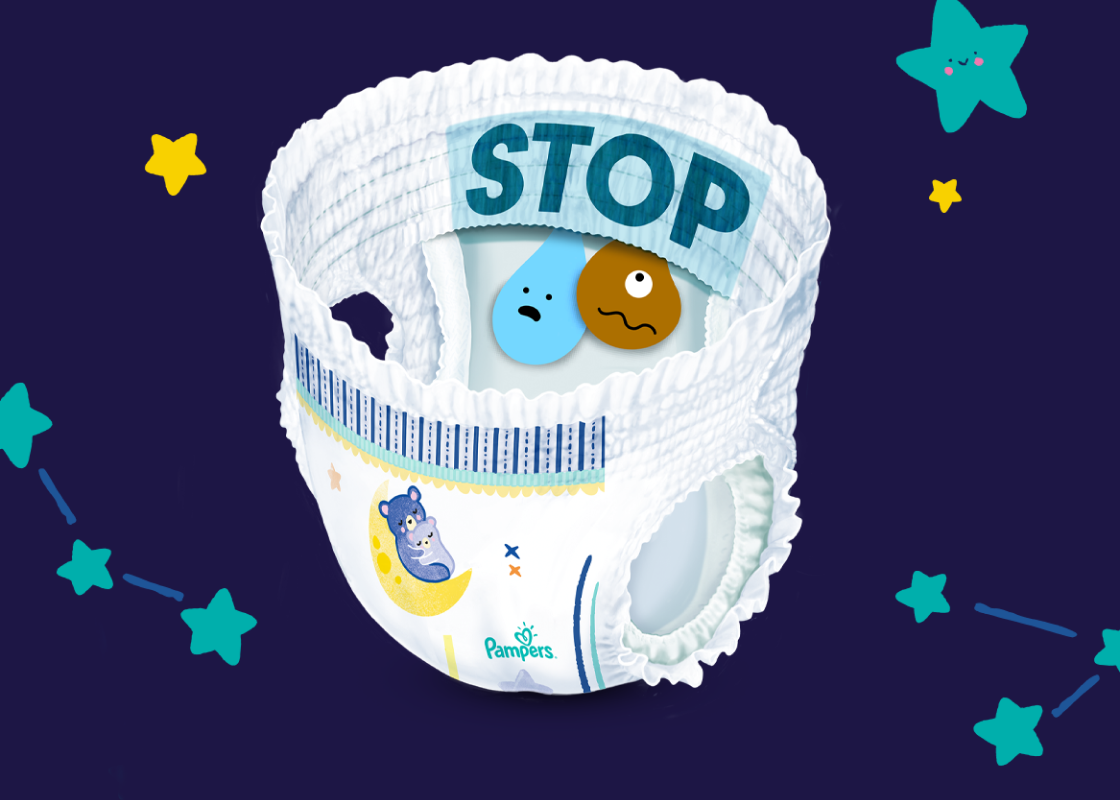 Obrázek zobrazující plenkové kalhotky Pampers Night Pants s kapsou Stop & Protect