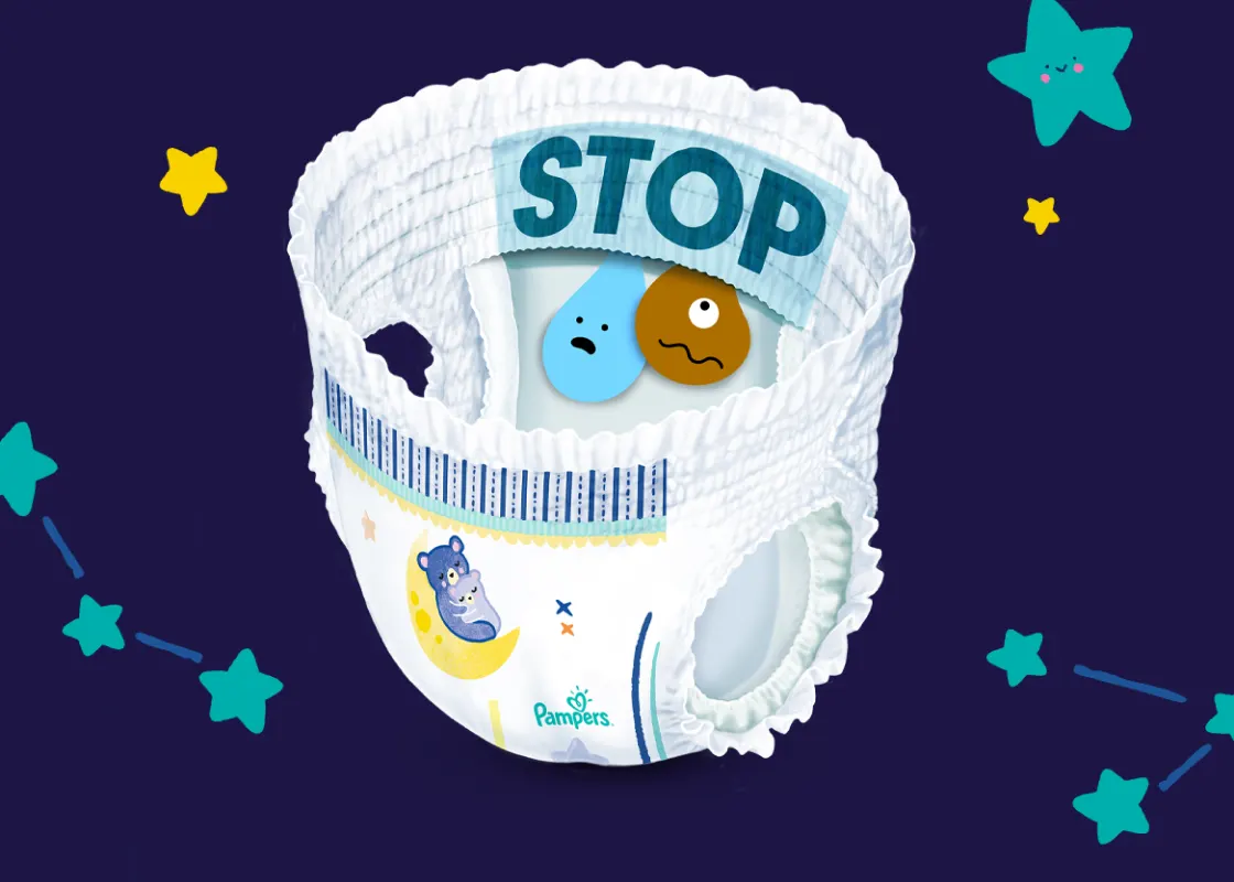 Obrázek zobrazující plenkové kalhotky Pampers Night Pants s kapsou Stop & Protect