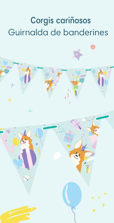 Our pennant banners are decorated with fun illustrations and motifs, with a light blue background, colorful shapes, presents, and balloons and the charming corgi!