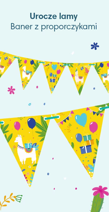 Nasze banery z proporczykami o jasnożółtym tle zostały ozdobione zabawnymi ilustracjami i motywami, zielonymi roślinami, prezentami i balonami oraz uroczą lamą!