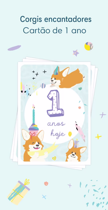 Printed cards to celebrate your baby's 1st birthday. Decorated with happy motifs  including the charming corgi and a celebration note: 1 year's old today!