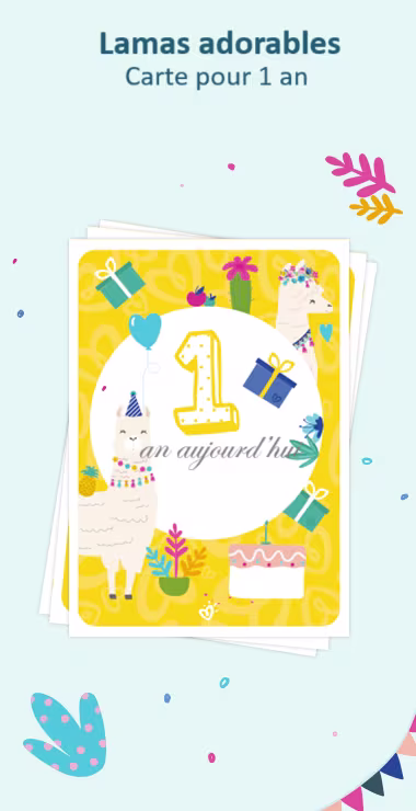 Cartes imprimées pour célébrer le premier anniversaire de votre bébé. Décorées avec des motifs joyeux, y compris le charmant lama et une note de célébration : 1 an aujourd'hui !