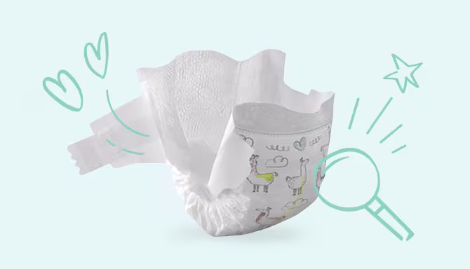 Komplettansicht der Pampers Harmonie Windel und ihrer verschiedenen Bestandteile
