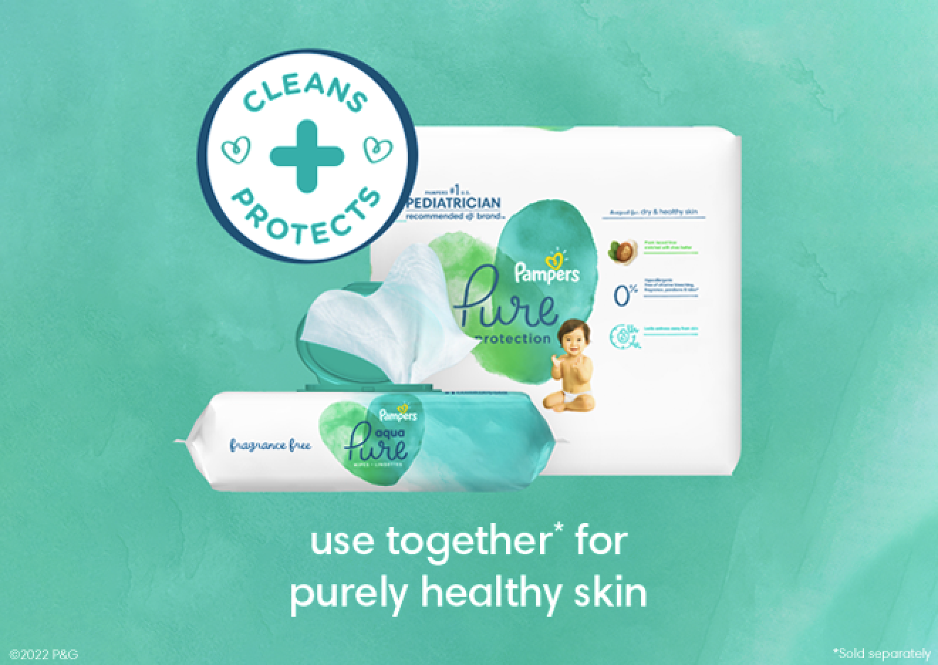 Use las toallitas Aqua Pure y los pañales Pure juntos para lograr una piel puramente saludable