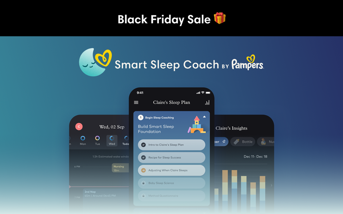 Smart sleep coach by Pampers app visible on screens for three smartphones