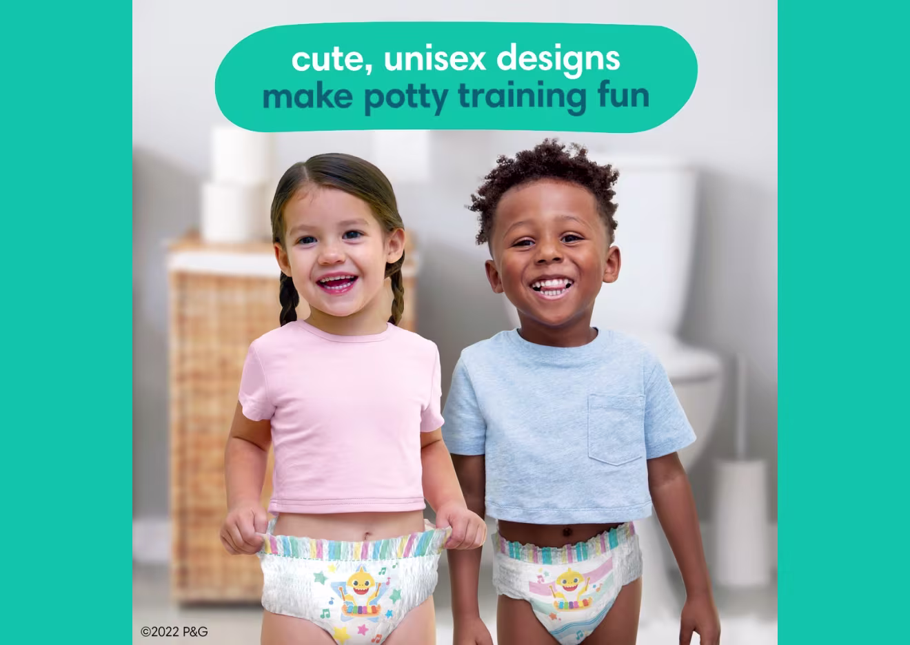 L’image montre que les sous-vêtements d’entraînement Pampers Pure sont offerts dans de jolis motifs unisexes pour rendre l’apprentissage de la propreté amusant