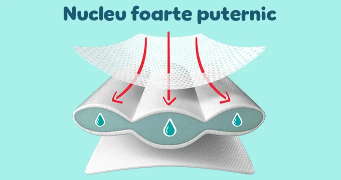 Imagine în care se evidențiază nucleul super absorbant de la Pampers.