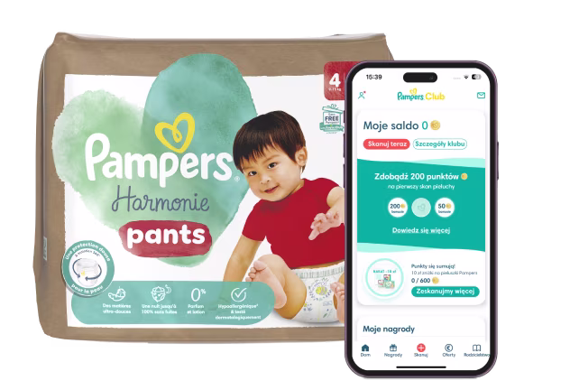 Logo Pampers Club i opakowanie pieluszek z aplikacją Pampers Club pokazaną na telefonie