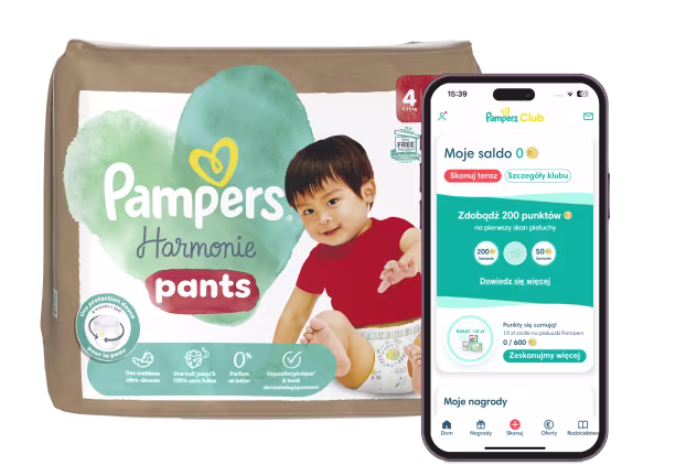 Logo Pampers Club i opakowanie pieluszek z aplikacją Pampers Club pokazaną na telefonie