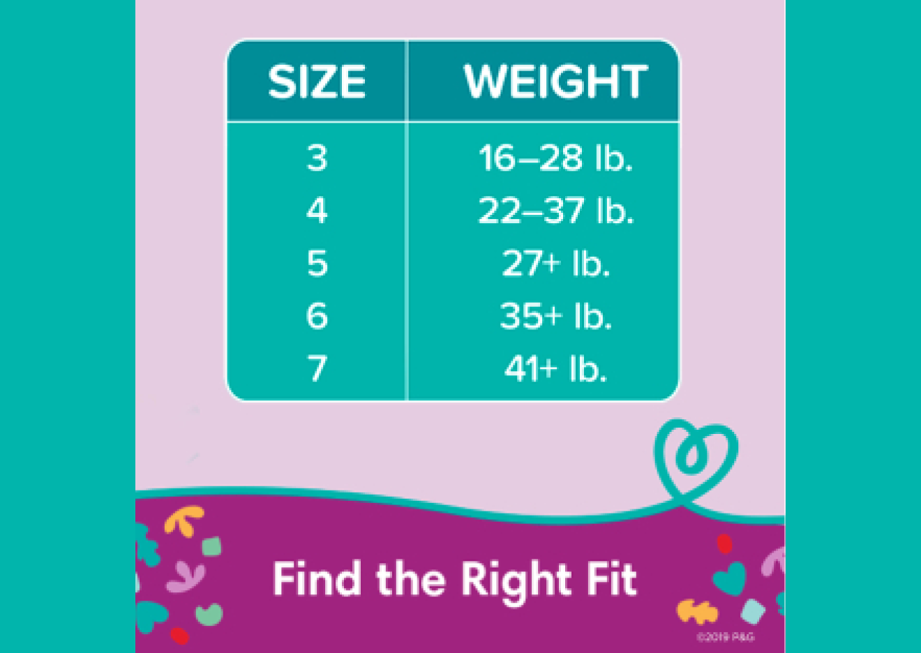 Image showing the sizes Cruisers diapers are available in. From size 3 for 16-28lbs through size 7 for 41lbs and over