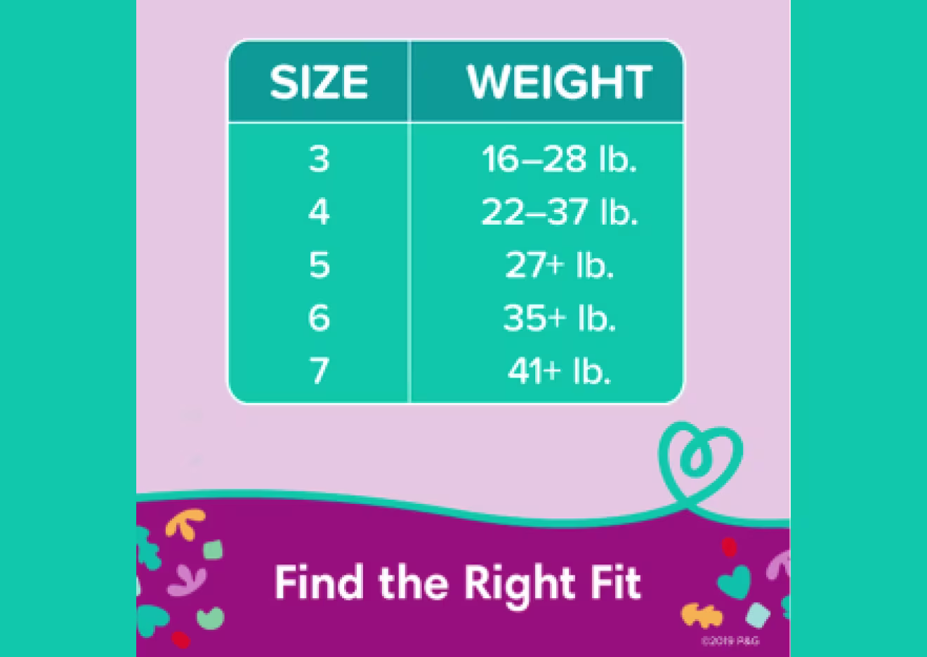 Image showing the sizes Cruisers diapers are available in. From size 3 for 16-28lbs through size 7 for 41lbs and over