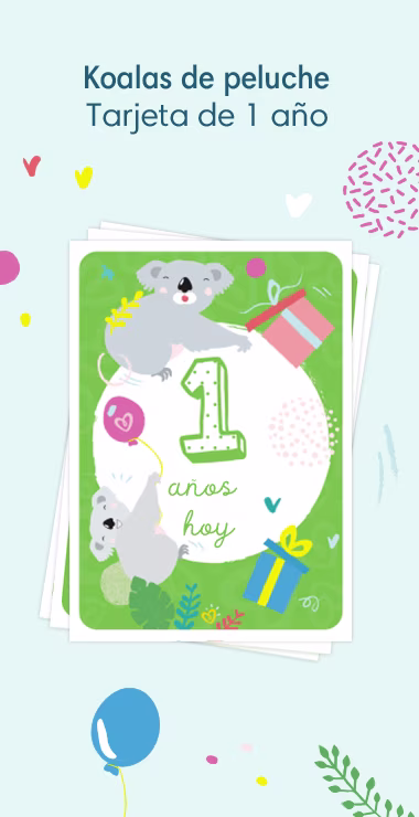 Printed cards to celebrate your baby's 1st birthday. Decorated with happy motifs  including the cuddly koala and a celebration note: 1 year's old today!
