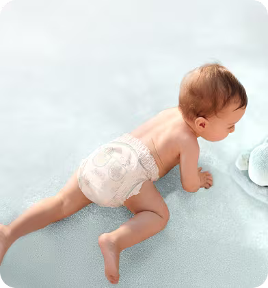 Un bébé qui rampe porte une Pampers® Premium Protection™ Pants