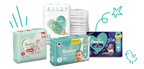 Pampers product catalogue: diapers, pants, and wipes.