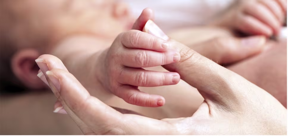Un bébé tenant le doigt d’un adulte