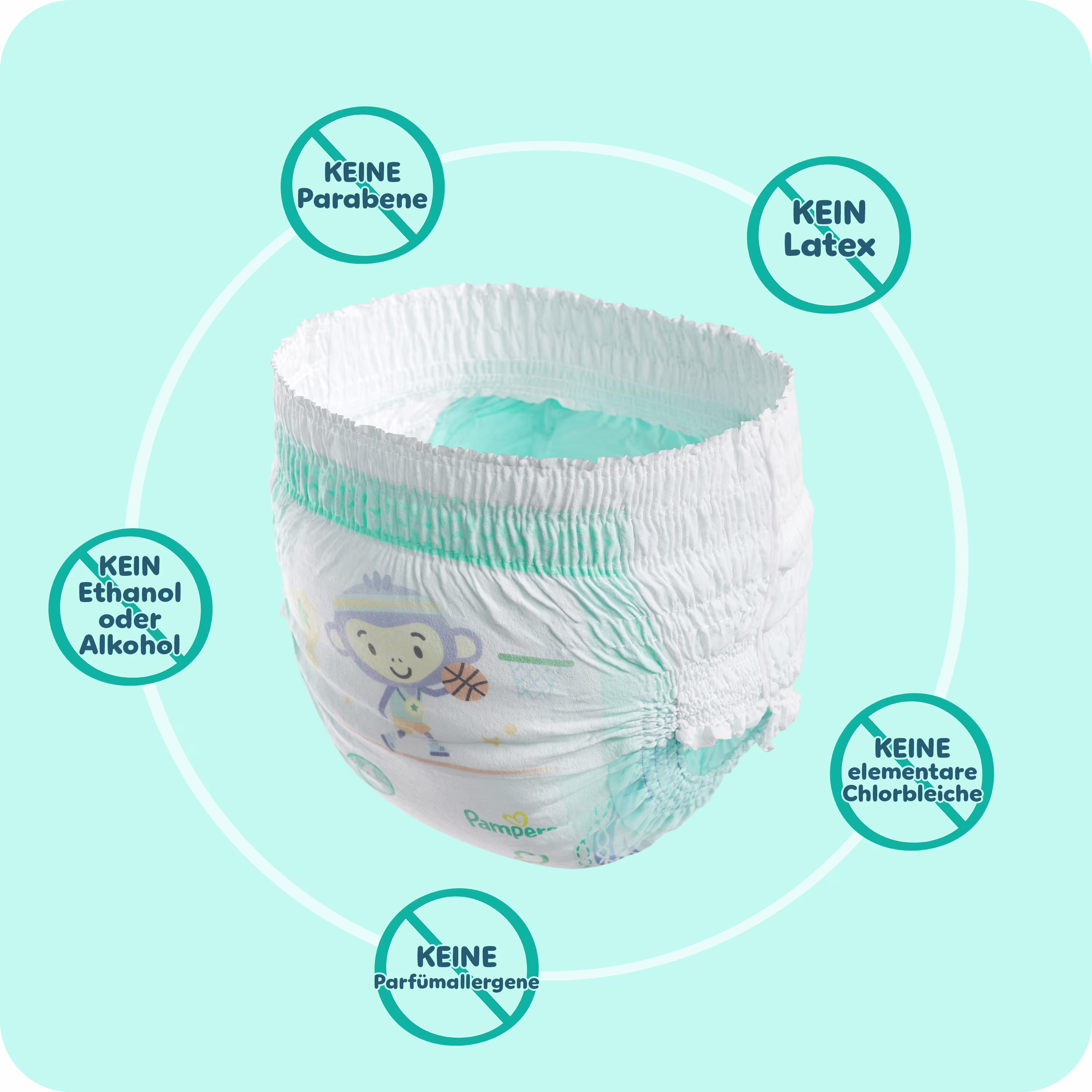 3D Pampers Pants Windel vor einem hellblauen Hintergrund, umgeben von durchgestrichenen Zutaten-Icons, die anzeigen, was die Windel nicht enthält.