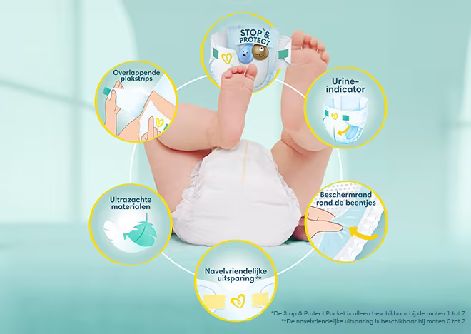 Stop & protect, urine-indicator, beschermrandjes rond de beentjes, overlappende plakstrips, ultrazachte materialen, navelvriendelijke uitsparing