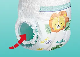 Flèche montrant la double barrière anti-fuites sur la couche-culotte Pampers Baby-Dry Pants