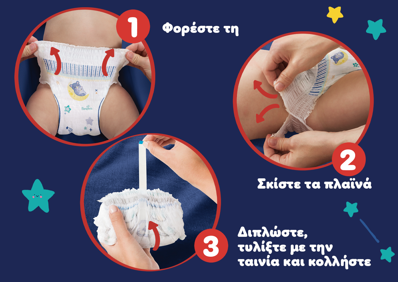 Εμφανίζονται 3 εικόνες με την πάνα-βρακάκι Pampers Night Pants που δείχνουν πώς φοριέται, πώς αφαιρείται και πώς απορρίπτεται. Συνοδεύονται από τις φράσεις «Φορέστε τη, σκίστε τα πλαϊνά, διπλώστε, τυλίξτε με την ταινία και κολλήστε».