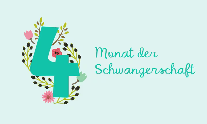 Türkise Zahl 4 umrahmt von einem Blumenkranz – 4. Schwangerschaftsmonat