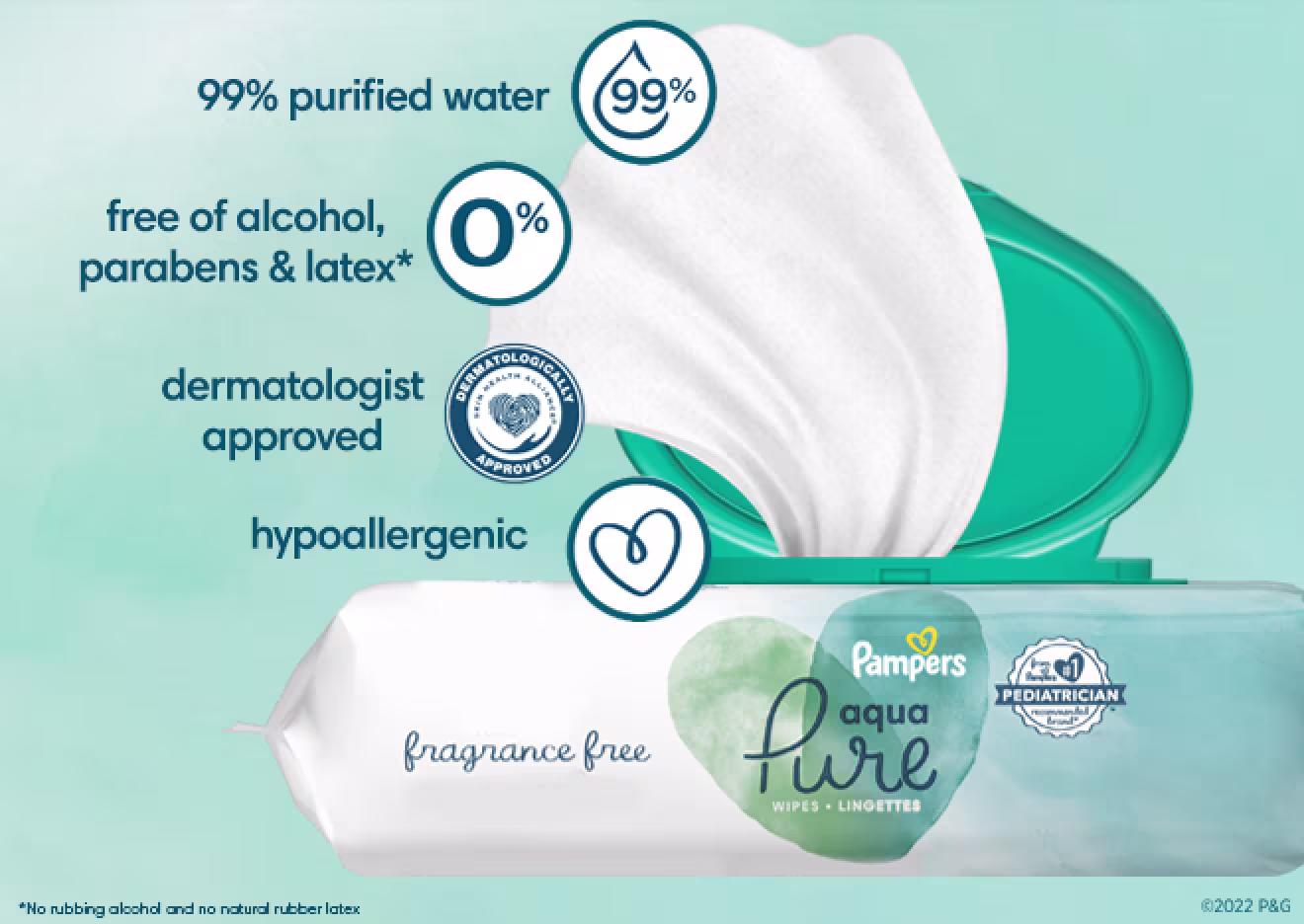 L’image montre les avantages des lingettes Pampers Aqua Pure : eau purifiée à 99 %, sans alcool, parabènes, ni latex, approuvées par les dermatologues et hypoallergéniques