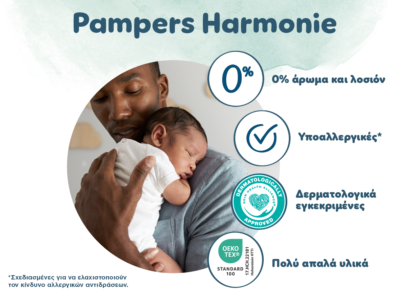 Ένα μωράκι είναι στην αγκαλιά του γονιού του. Δίπλα αναγράφονται τα εξής κείμενα: «Pampers Harmonie, 0% άρωμα & λοσιόν, Υποαλλεργικές, Δερματολογικά ελεγμένες, Πολύ απαλά υλικά».
