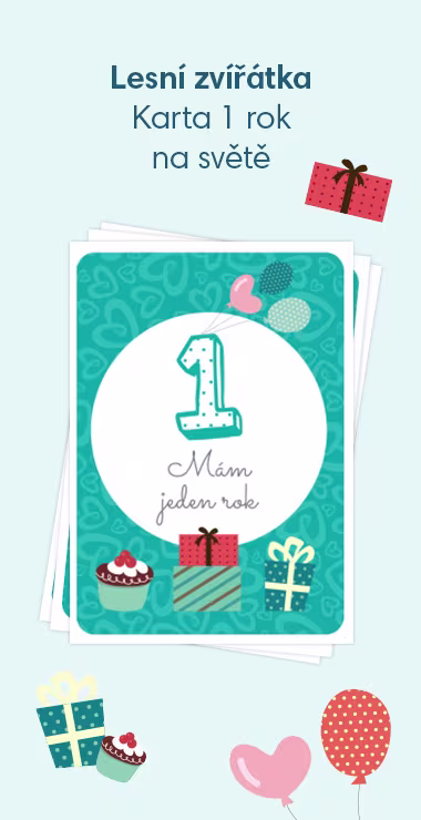 Tištěné karty na oslavu narození miminka. Zdobí je veselé motivy, včetně dárků, dortů, balonků a nápisu: 1 rok na světě!
