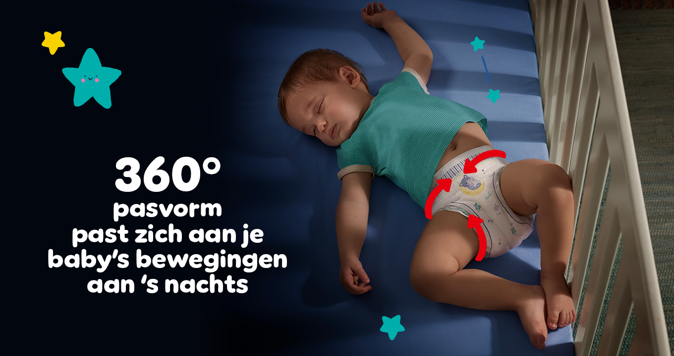 Afbeelding van baby die een luierbroekje draagt met pijlen die verwijzen naar de 360° pasvorm
