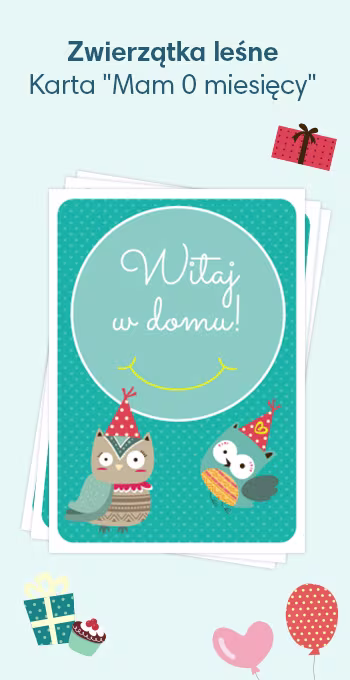 Kartki do druku z okazji narodzin dziecka, ozdobione radosnymi motywami, w tym dwiema sowami i okolicznościowym napisem: Witaj w domu!