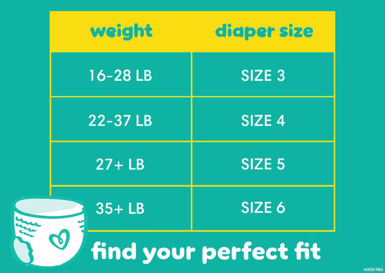 L’image montre les tailles offertes, de la taille 3 (pour 7,3 à 12,7 kg [pour 16 à 28 lb]) à la taille 6 (pour 15,9 kg et plus [pour 35 lb et plus])