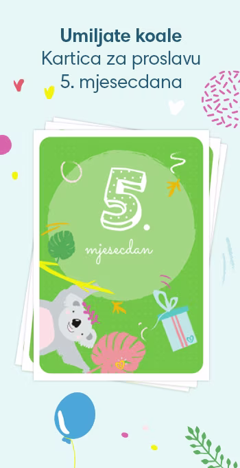 Slavljeničke kartice za proslavu 5. mjesecdana vaše bebe! Ukrašene veselim motivima uključujući umiljatu koalu i natpis: 5. mjesecdan