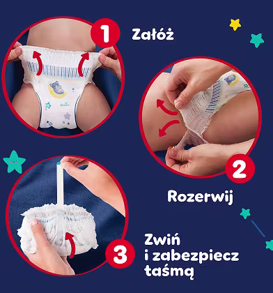 Trzy okrągłe obrazki pokazują, jak używać pieluszek Pampers. Na pierwszym obrazku dłonie naciągają pieluszkę na talię dziecka. Na drugim obrazku dłonie rozrywają boczki pieluszki, aby ją zdjąć. Na trzecim obrazku zwijają zużytą pieluszkę i zabezpieczają.