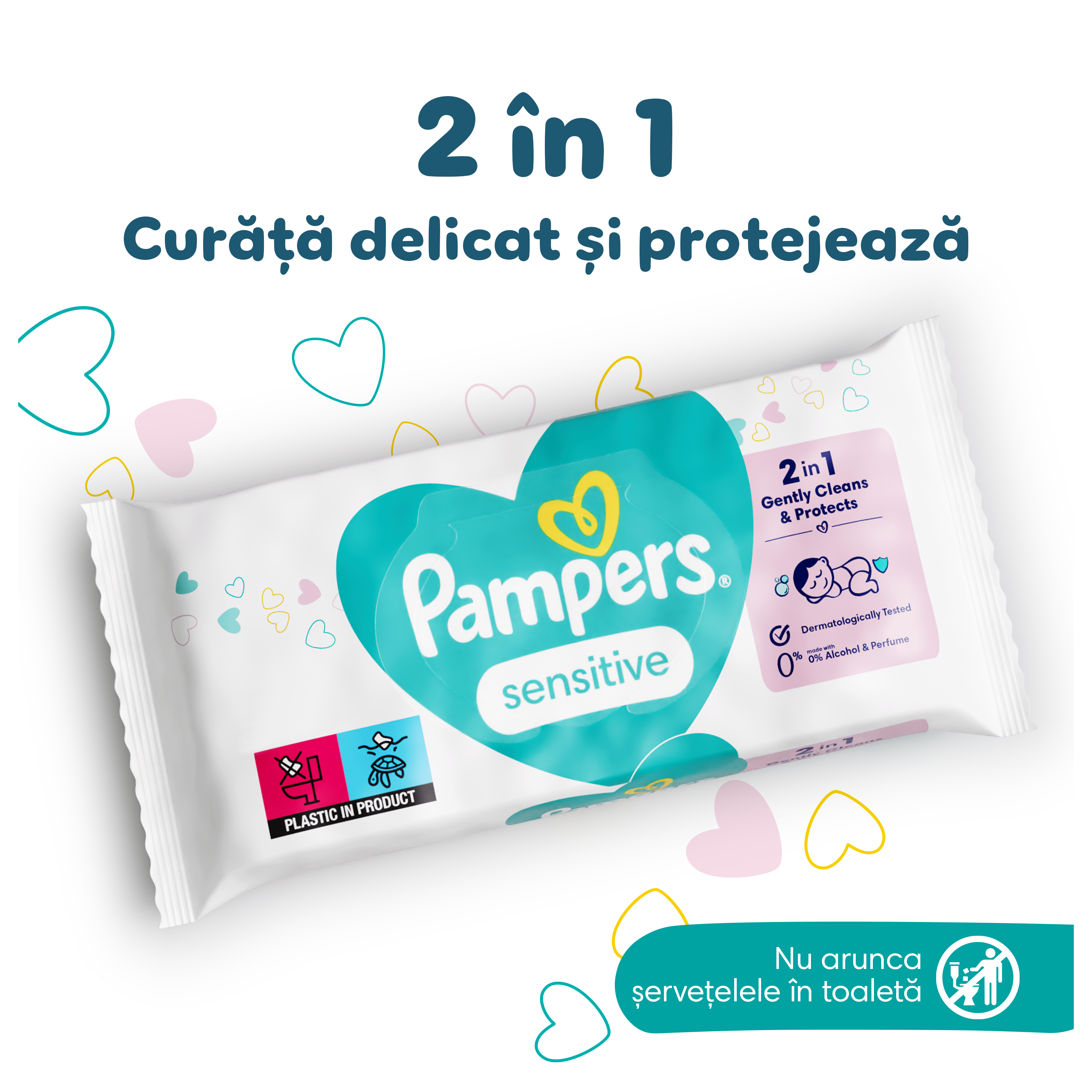 Un pachet de șervețele umede Pampers Sensitive este așezat pe un fundal alb decorat cu inimioare colorate. Textul subliniază beneficiul 2 în 1 al curățării și protecției delicate. Textul reamintește că nu trebuie aruncate la toaletă, ci în coșul de gunoi.