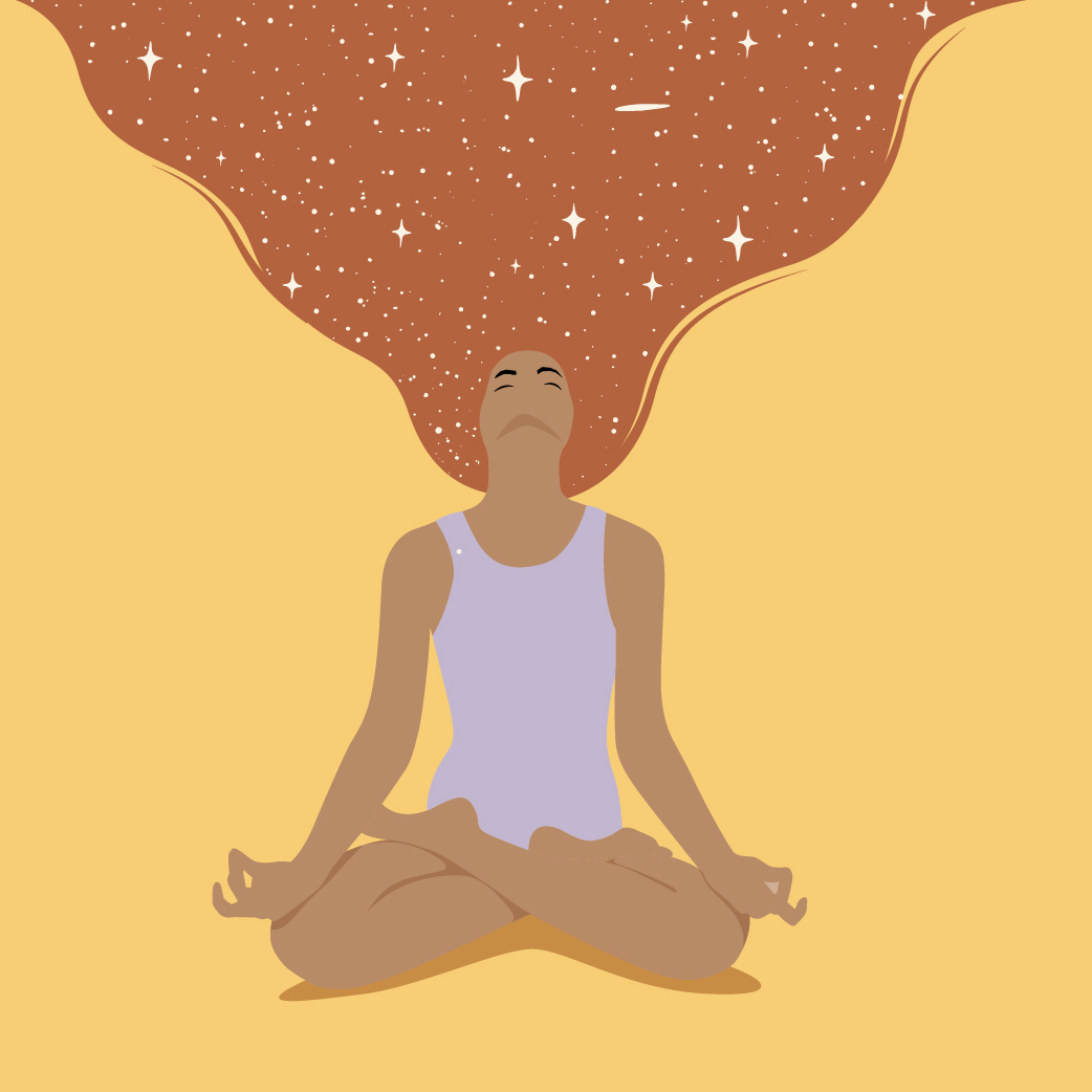 A woman meditating with stars in her hair