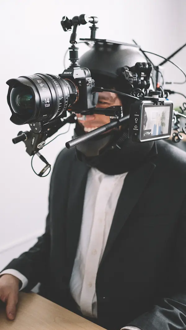 Actor in a suit seated at a desk, wearing a POV helmet camera rig with a wide cine lens.