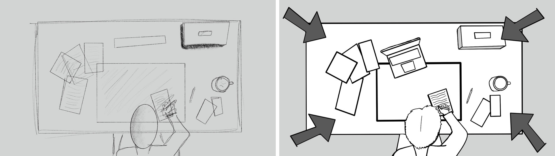 A rough pencil sketch of a desk from above, beside the clean storyboard frame with arrows showing the camera pushing in.