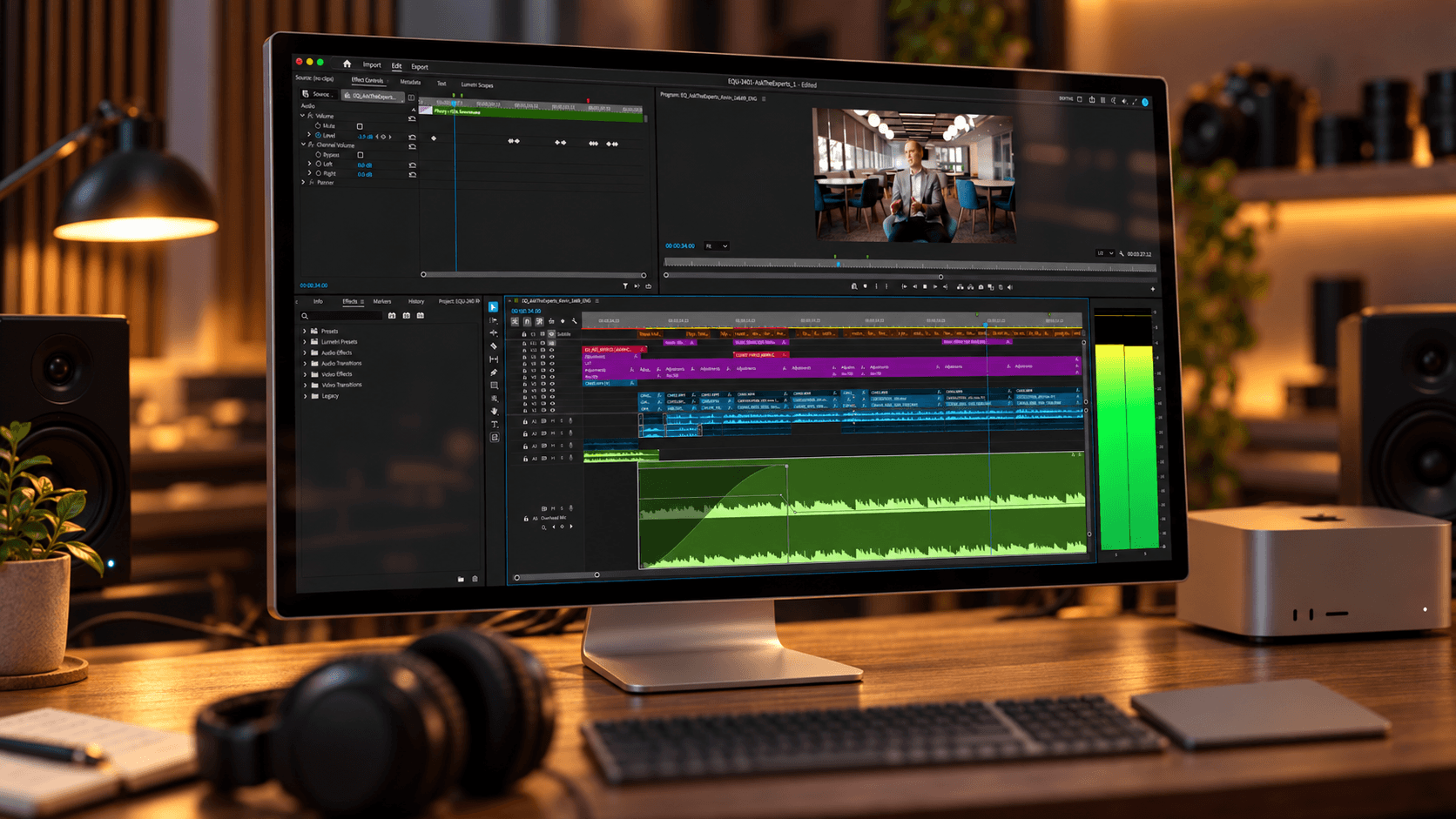 Video editing timeline with a licensed music track lined up under interview footage