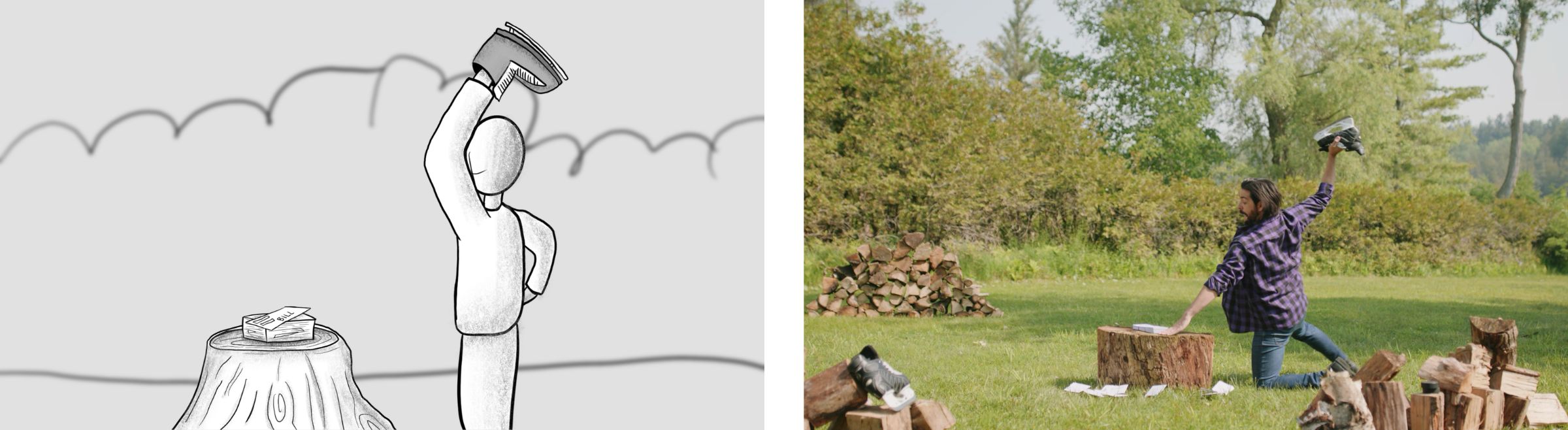 Storyboard sketch of a man raising a hockey skate over a stump, beside the finished shot of him kneeling to chop bills.