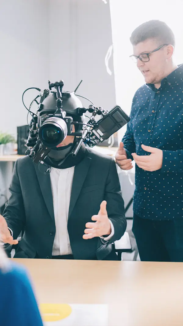 Director explaining a scene to an actor wearing the POV helmet camera rig at a desk.