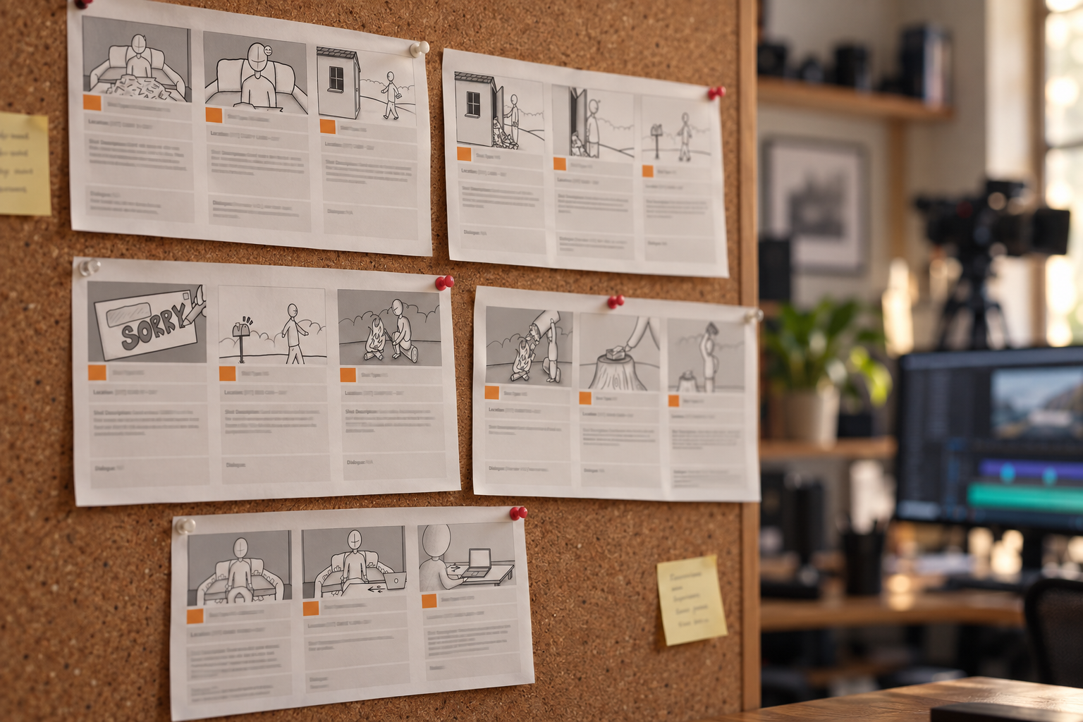 Printed video storyboard pages pinned to a cork board, with an editing monitor and camera blurred in the background.