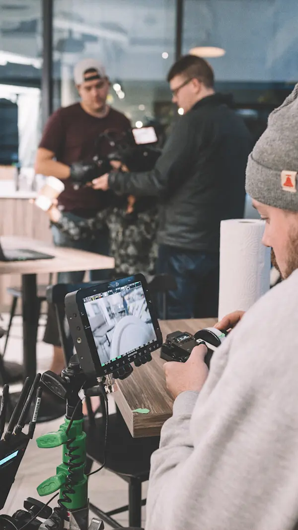Crew member pulling focus from a monitor while a helmet rig shot is set up behind him.