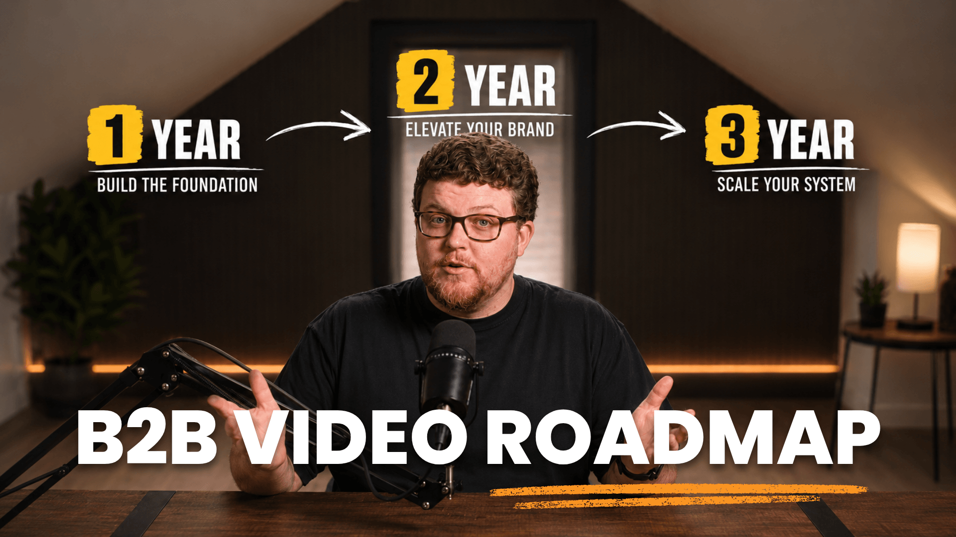 Brandon Hardy at his desk with a three-year B2B video roadmap: build the foundation, elevate your brand, scale your system.