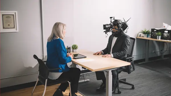 Wide view of two actors at a desk, one wearing a POV helmet camera rig, in a bright office.