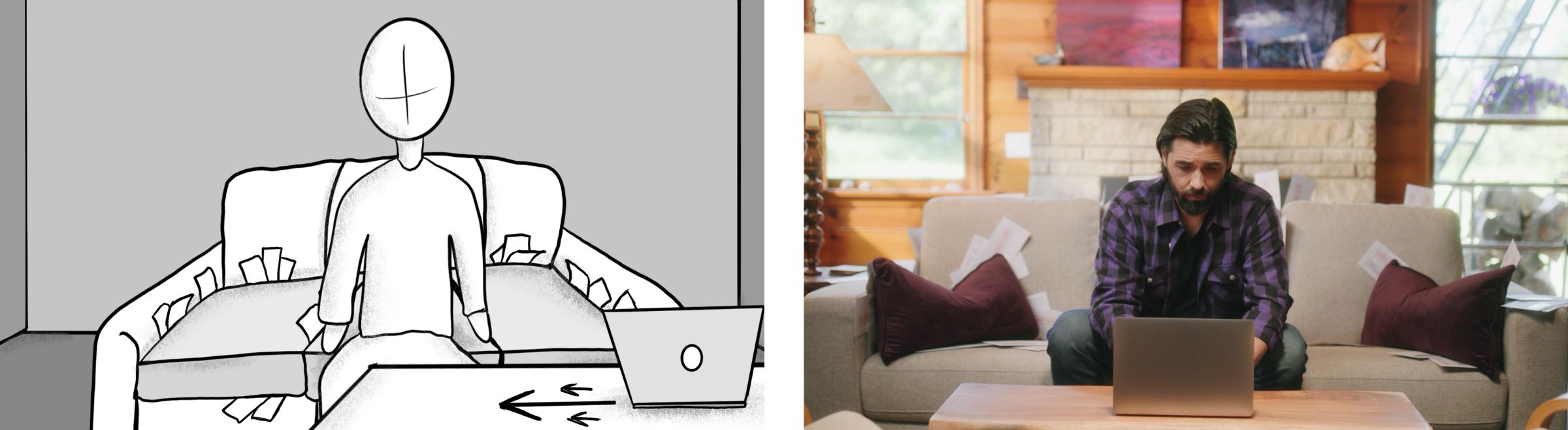 Storyboard sketch with arrows showing a laptop sliding toward a man on a couch, beside the finished shot of him typing.