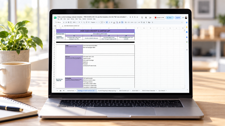 Oak + Rumble's video content calendar template on a laptop screen, sitting on a desk in a bright, modern office